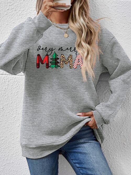 Christmas Themed VERY MERRY MAMA Letter Graphic Round Neck Long Sleeve Sweatshirt