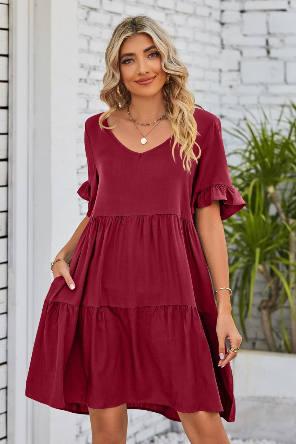 SO BOHO Full Size V-Neck Flounce Sleeve Tiered Dress