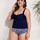 Plus Size Two-Tone Drawstring Sleeveless Tankini Set