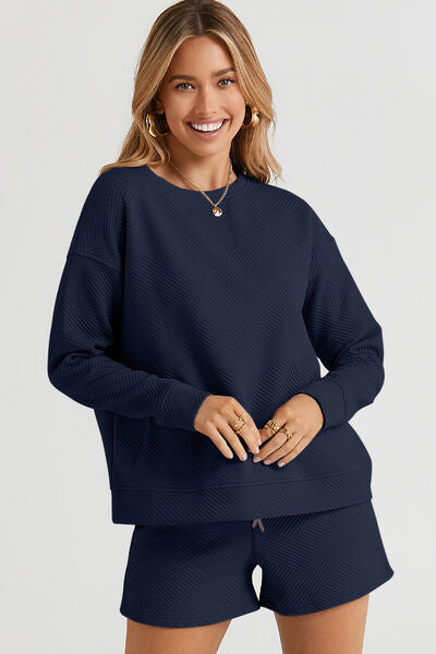 Double Take Full Size Texture Long Sleeve Top and Drawstring Shorts Set *