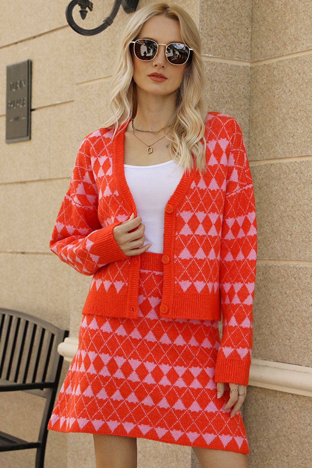 SavannahTree Geometric Dropped Shoulder Cardigan and Knit Skirt Set