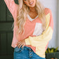 Color Block V-Neck Dropped Shoulder Sweatshirt with Pocket