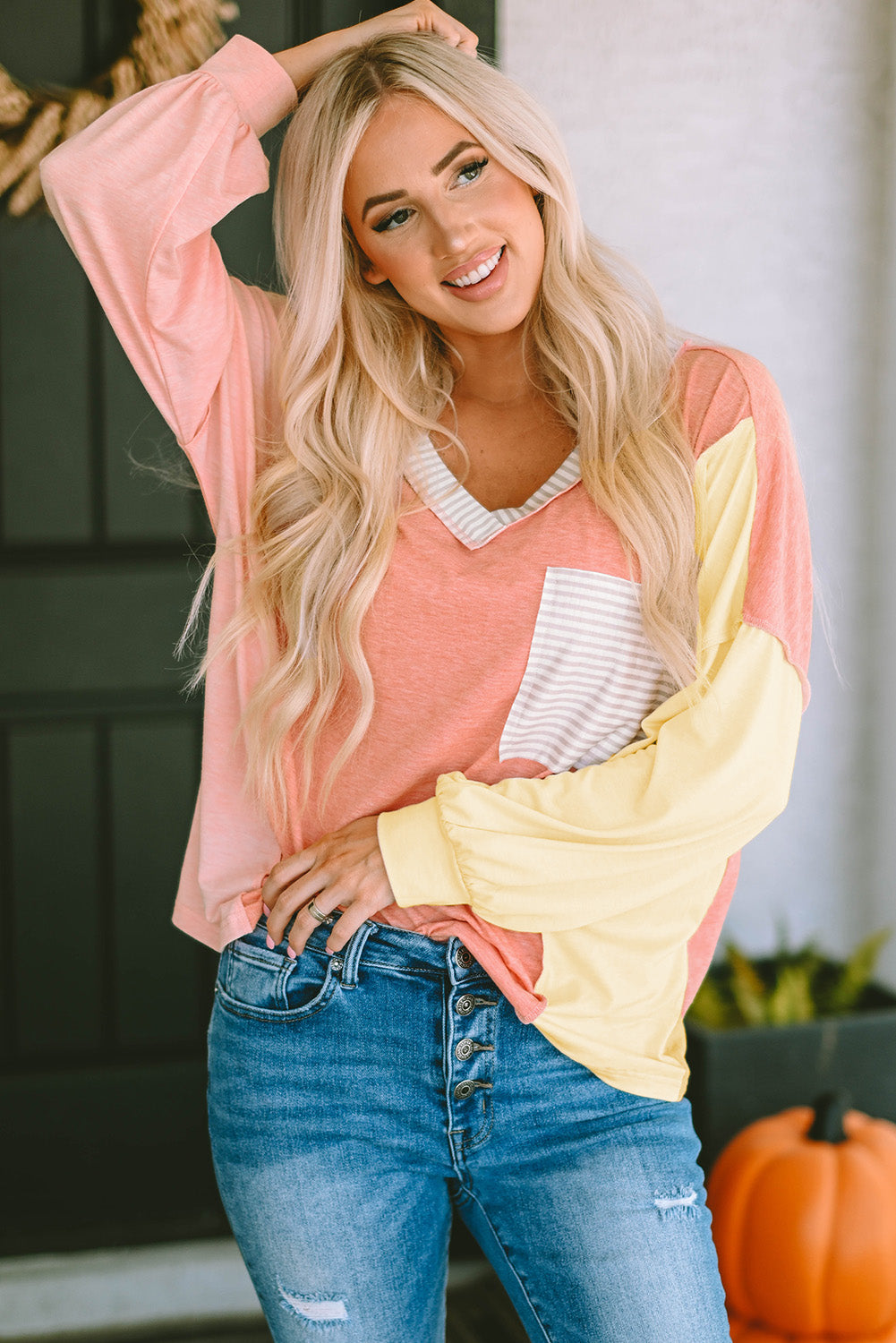 Color Block V-Neck Dropped Shoulder Sweatshirt with Pocket