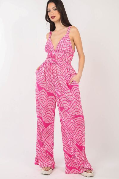 VERY J Printed Pleated Sleeveless Wide Leg Jumpsuit *
