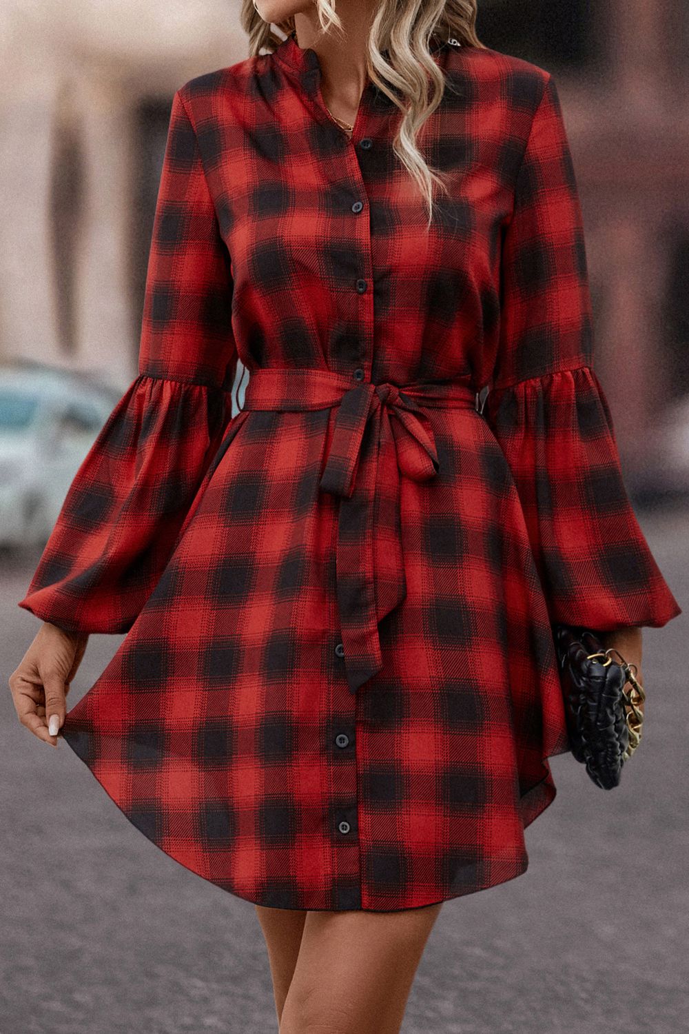 TrendiBee Plaid Tie Waist Balloon Sleeve Mini Dress