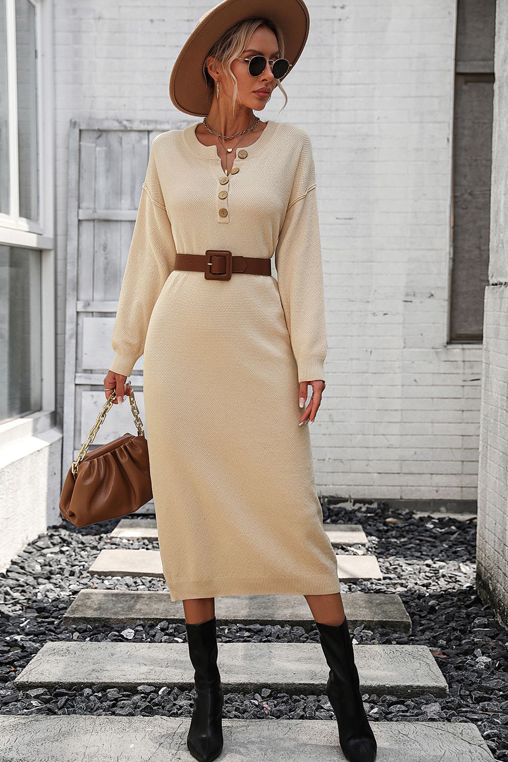 IdeationJovial Notched Neck Dropped Shoulder Button-Down Midi Dress