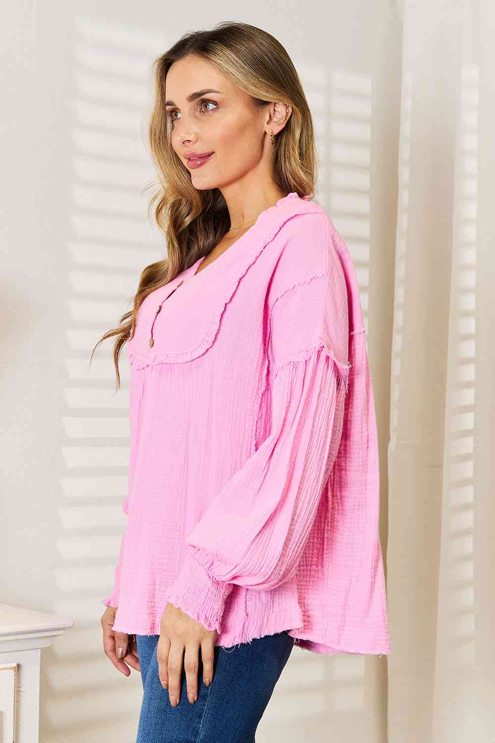 Double Take Exposed Seam Buttoned Notched Neck Blouse *