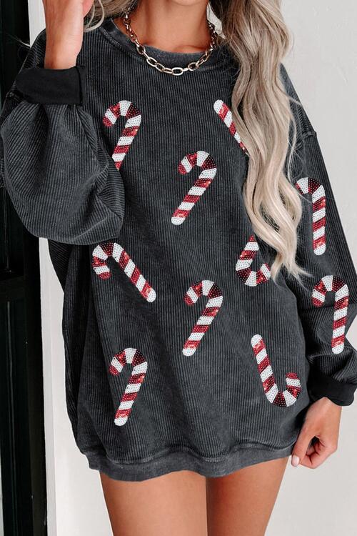 Christmas Themed Sequin Candy Cane Round Neck Sweatshirt