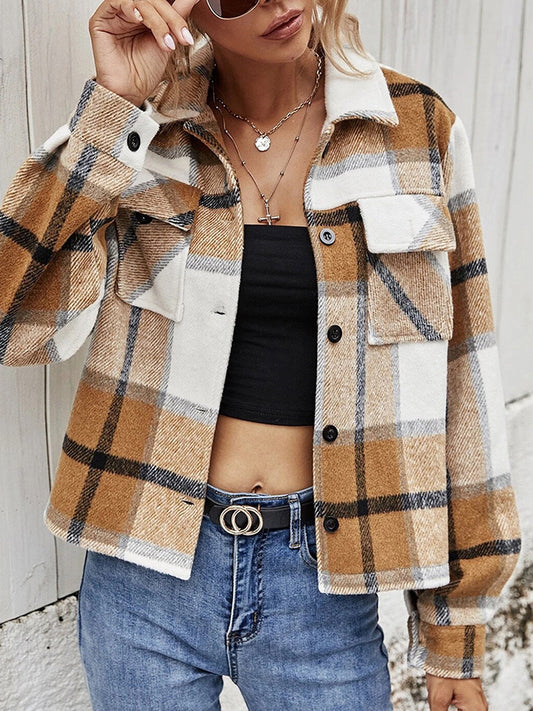 Women's Plaid Collared Neck Jacket with Breast Pockets