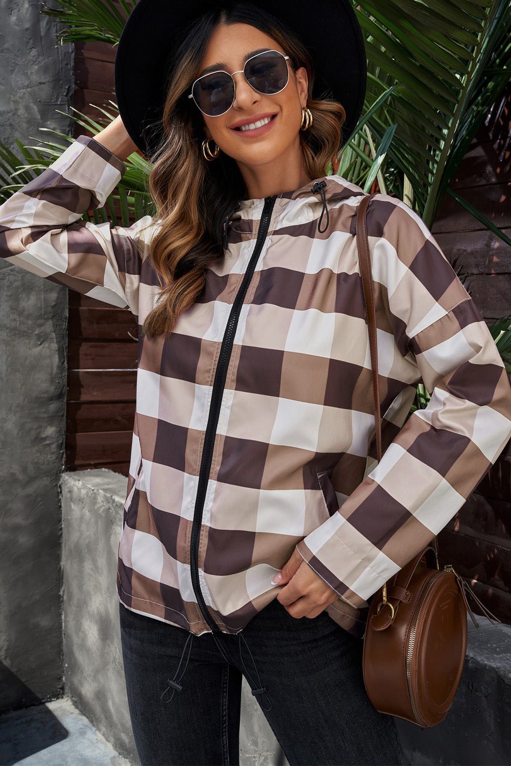 S&T Brown Plaid Drawstring Hem Zip Up Hooded Jacket