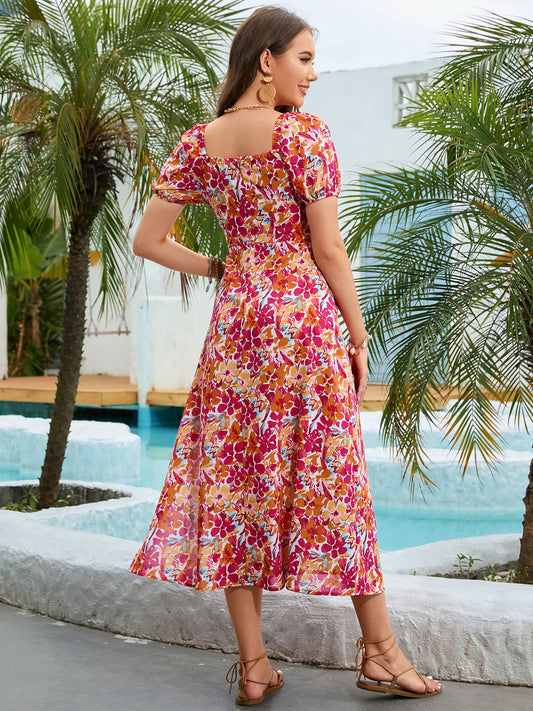 SALTYCHIC Full Size Floral Square Neck Short Sleeve Midi Dress