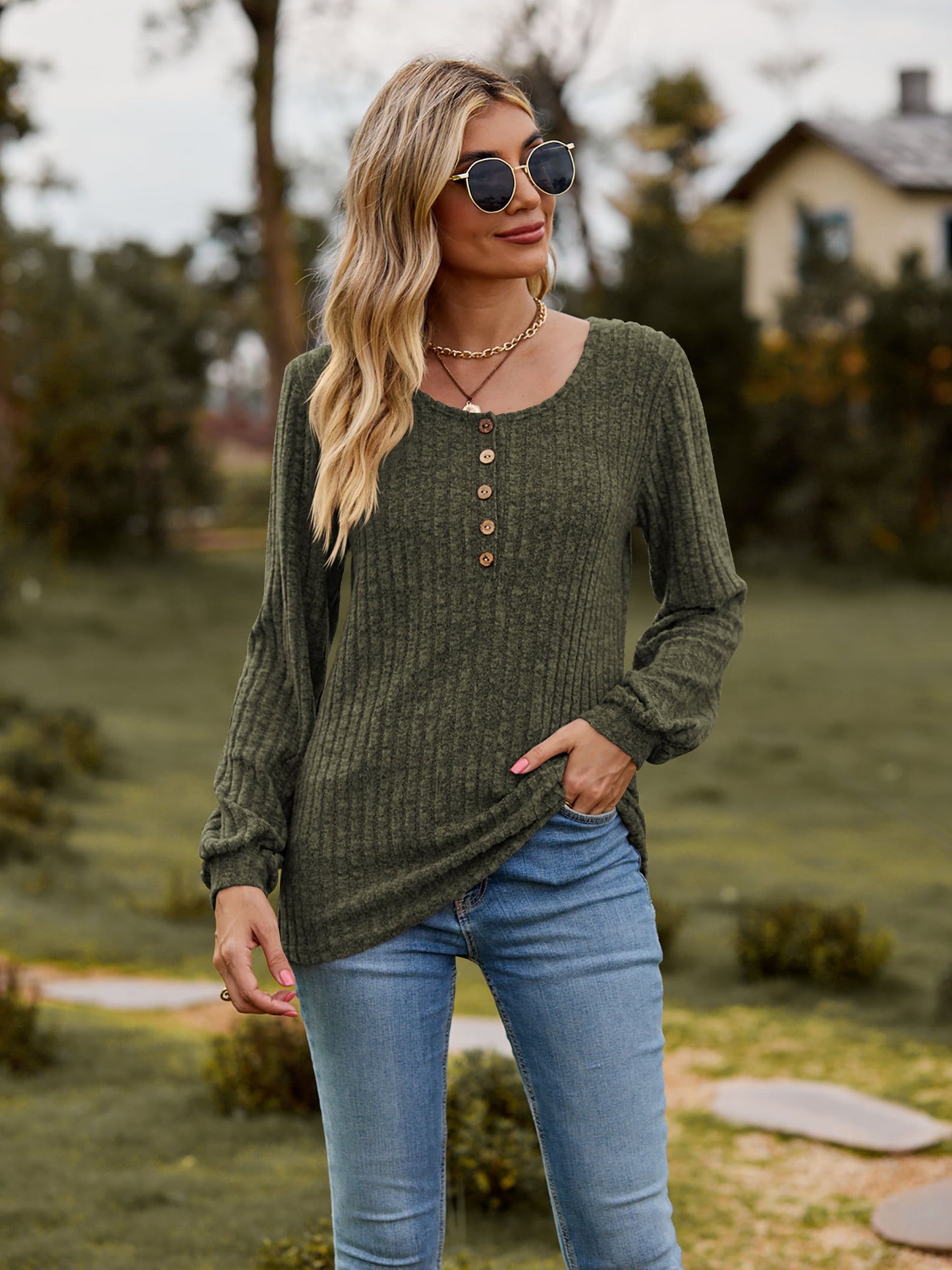 Full Size Round Neck Button-Down Long Sleeve Tee