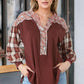 Plaid Notched Neck Slit Blouse