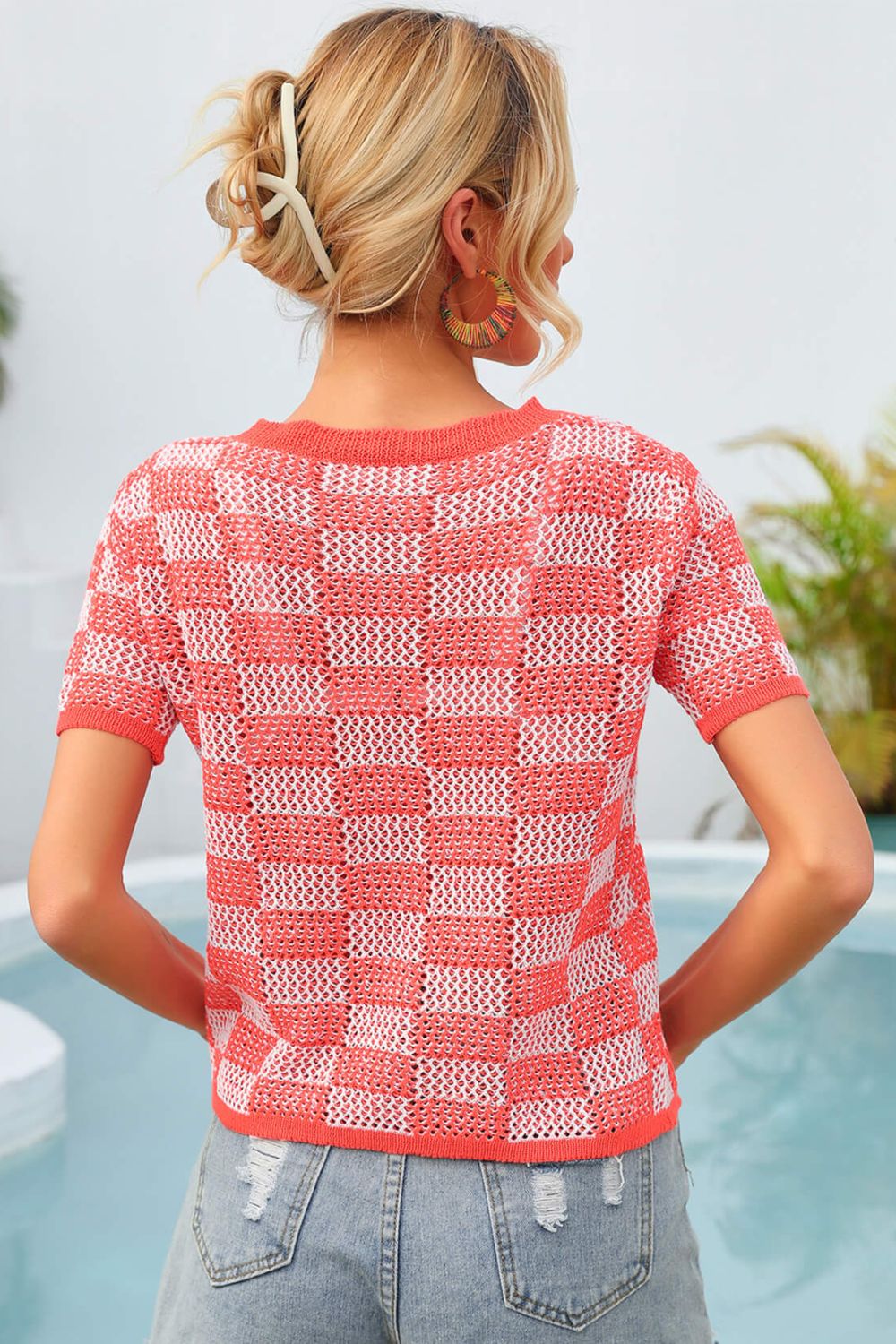 Women's Checkered Short Sleeve Knit Top