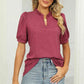 Full Size Notched Neck Puff Sleeve T-Shirt