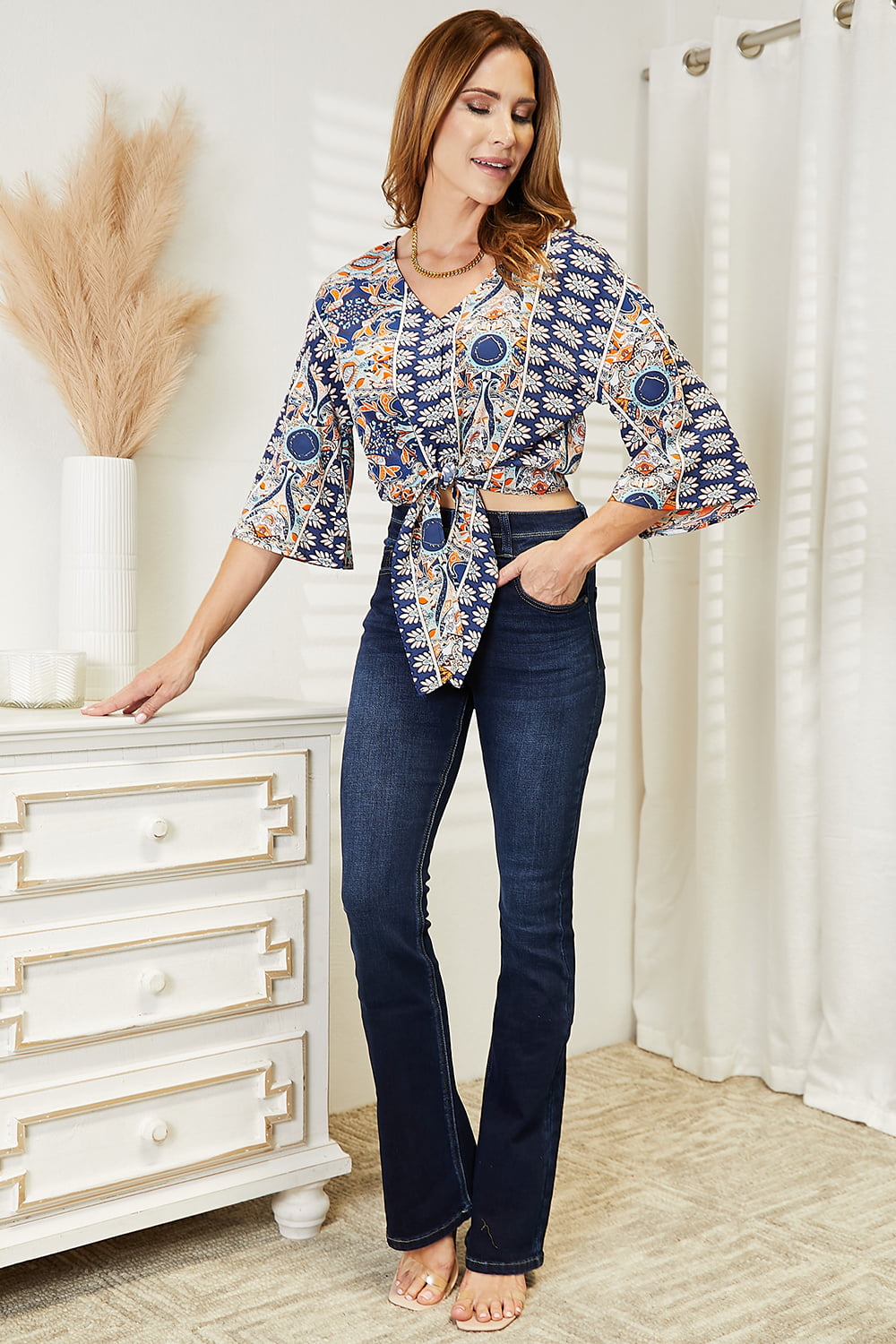 Double Take Tie Hem V-Neck Three-Quarter Sleeve Blouse *