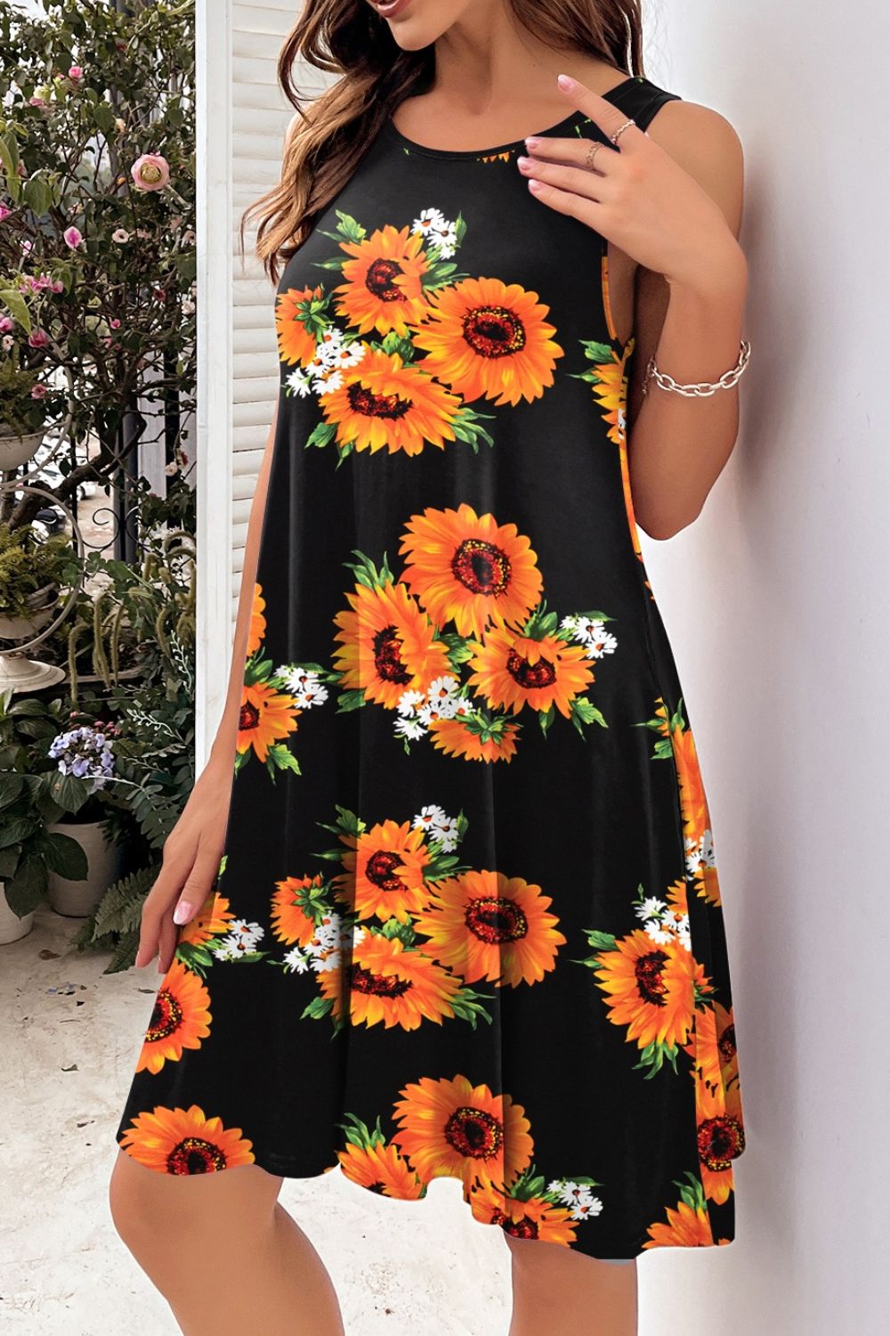 Full Size Printed Round Neck Sleeveless Dress