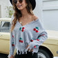 Cherry Pattern Frayed Trim V-Neck Sweater