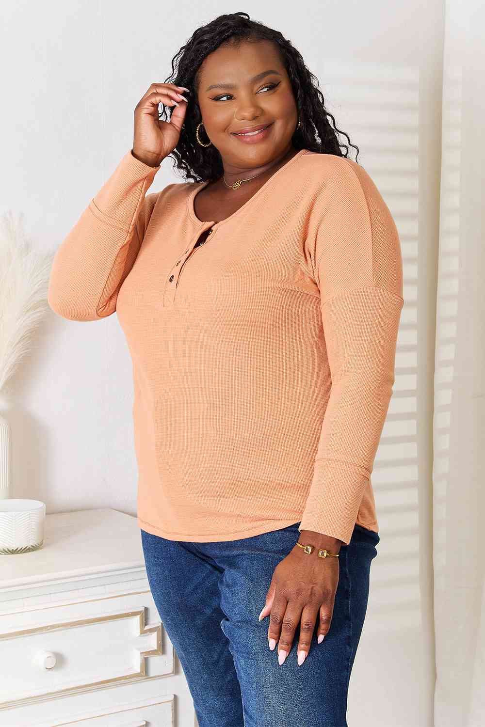 Basic Bae Half Button Long Sleeve Top *