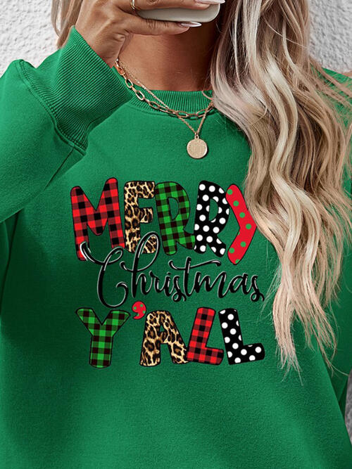 Merry Christmas Ya'll Letter Graphic Round Neck Long Sleeve Sweatshirt