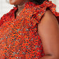 Double Take Red Orange Floral Flutter Sleeve Notched Neck Blouse