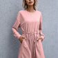 Drawstring Round Neck Dropped Shoulder Mini Dress