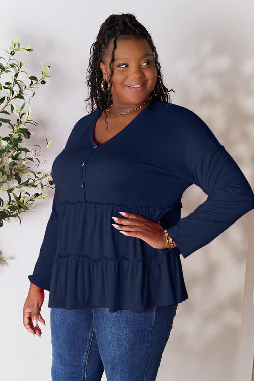 Double Take Half Button Long Sleeve Ruffle Hem Blouse *