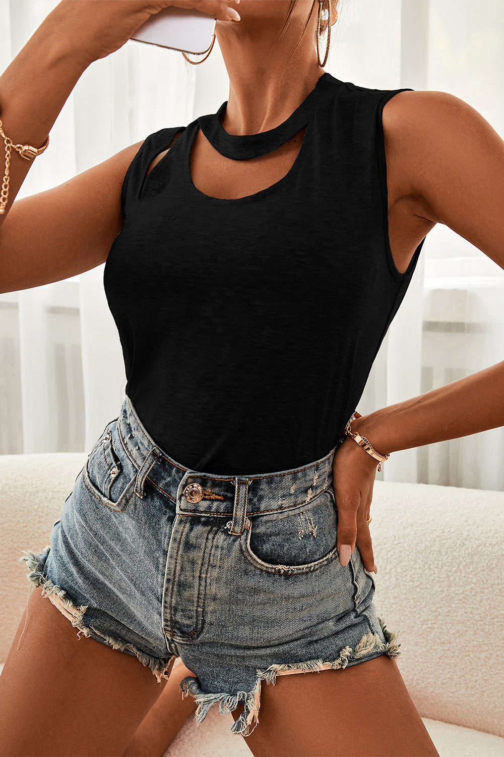 Amanda Black Cutout Sleeveless Top