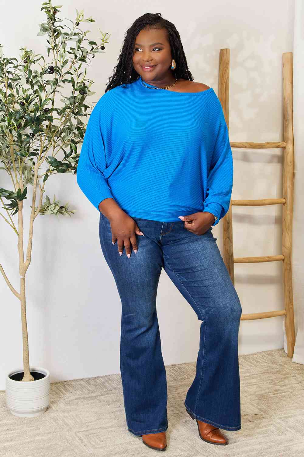 Zenana Full Size Round Neck Batwing Sleeve Blouse *