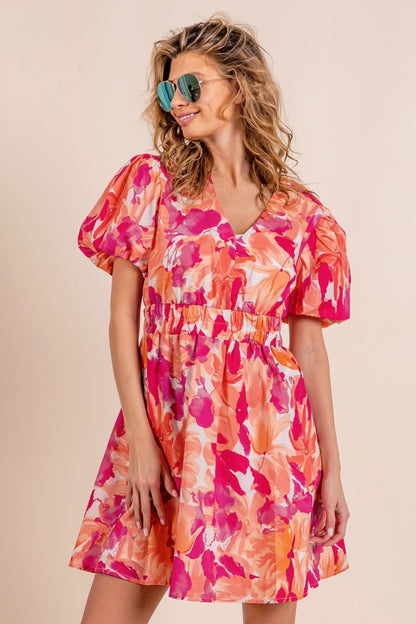 BiBi Floral V-Neck Puff Sleeve Mini Dress - Brand BiBi