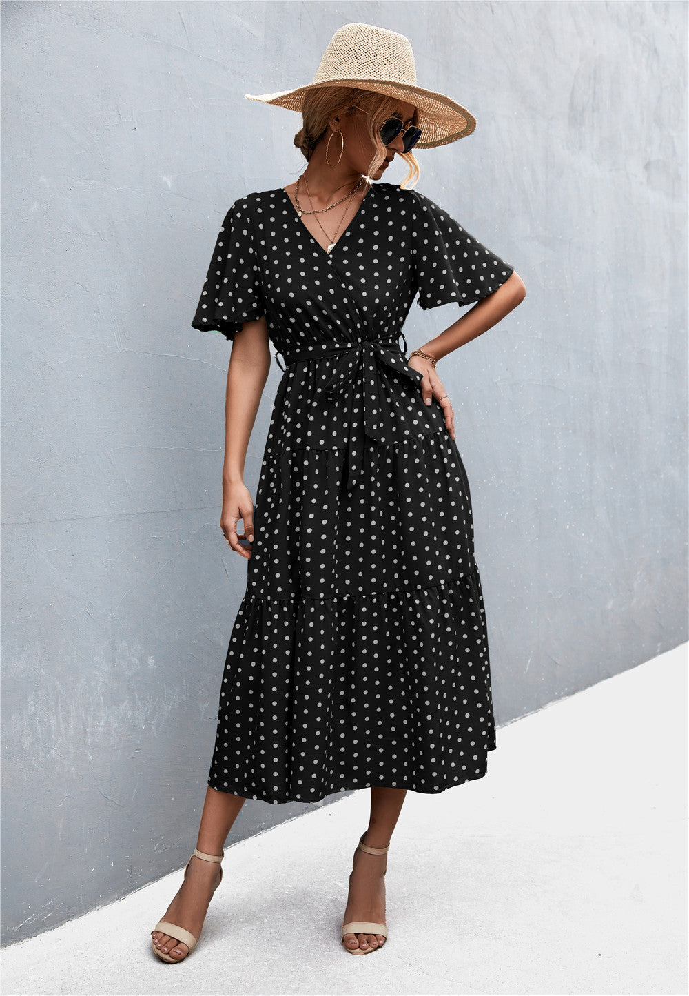 Women's Printed V-Neck Flutter Sleeve Belted Dress