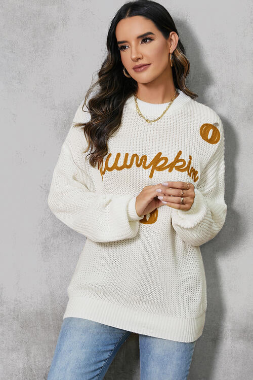 Seasonal Pumpkin Embroidery Long Sleeve Sweater