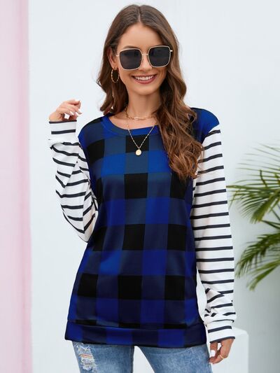 Women's HannahMea Plaid Striped Round Neck Long Sleeve T-Shirt