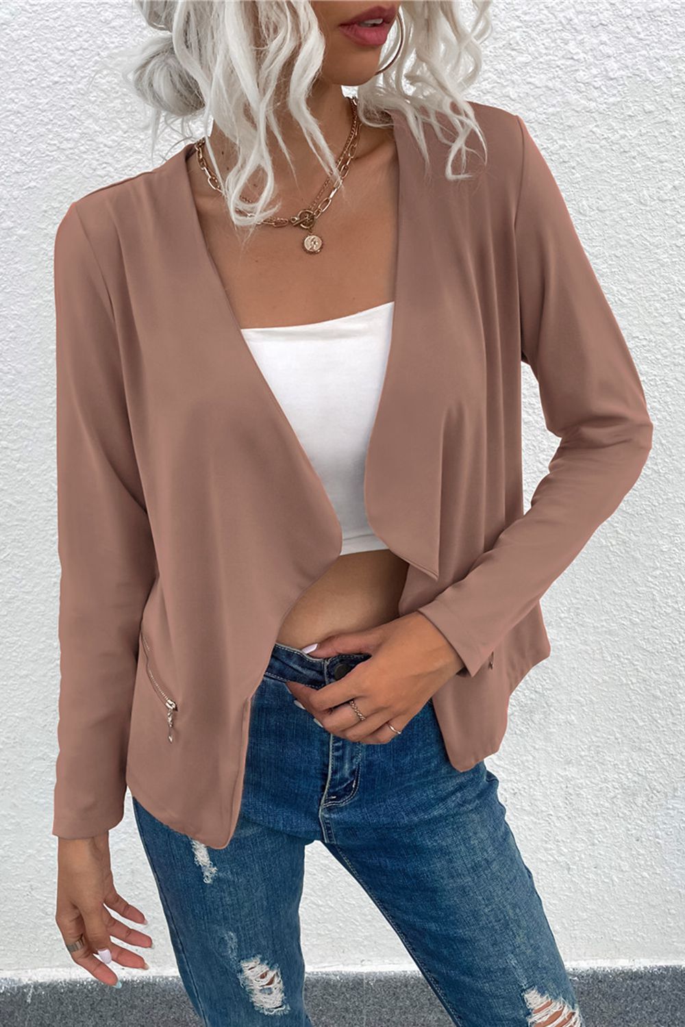 ZeldaMarie Open Front Zipper Pocket Cardigan