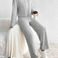 Light Gray Drawstring Ribbed Hoodie and Straight Leg Pants Set