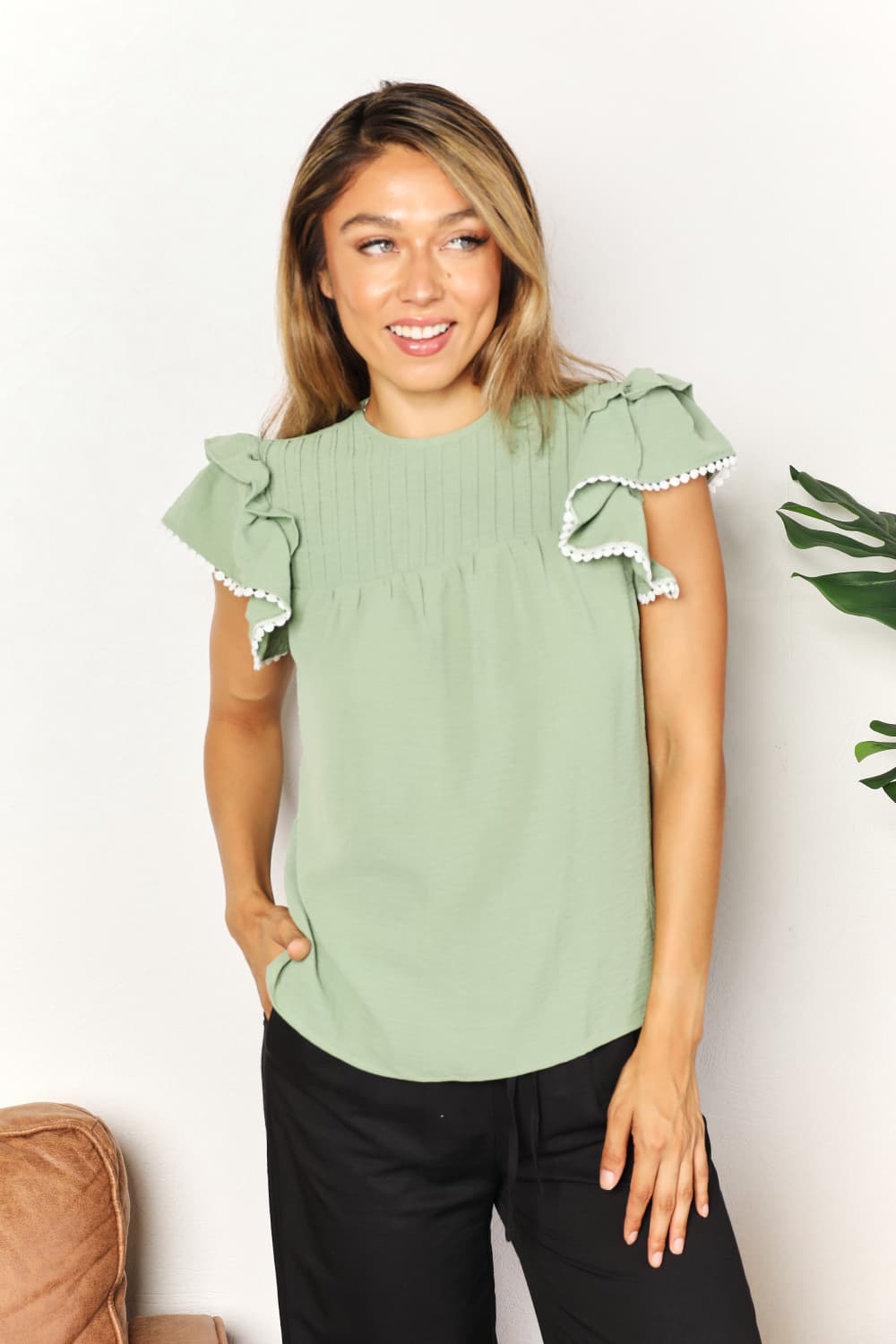 Double Take Gum Leaf Pleated Detail Flutter Sleeve Blouse *