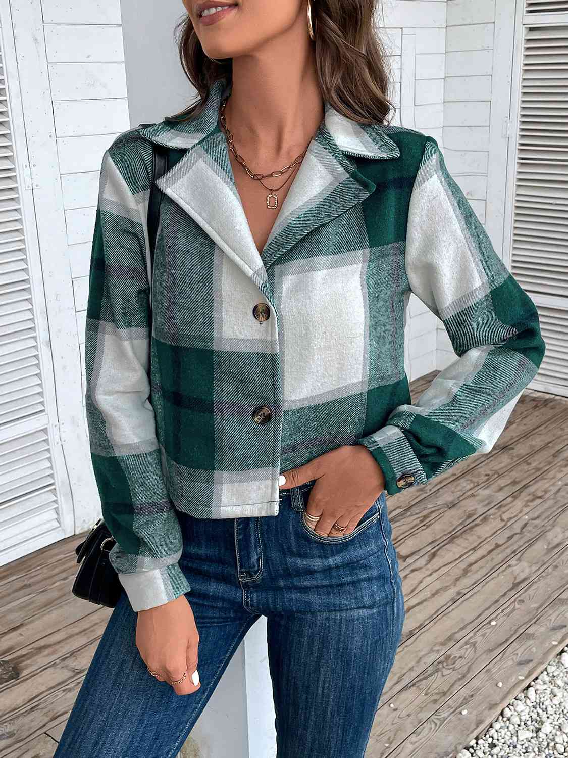 Green Plaid Collared Neck Button Up Long Sleeve Jacket