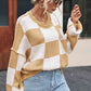 Checkered Exposed Seam Drooped Shoulder Sweater