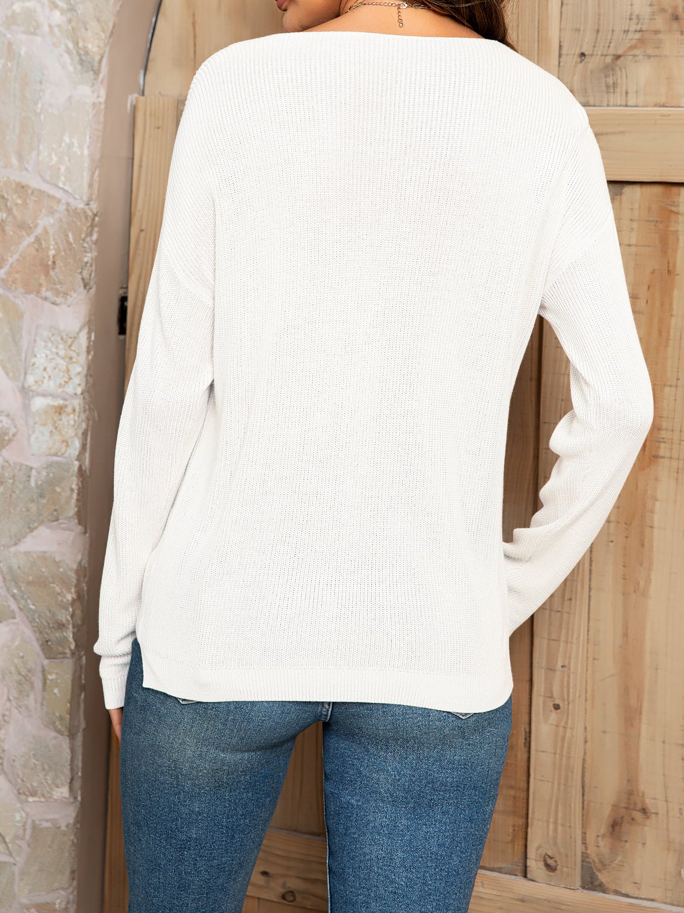 AuroraBlissX V-Neck Long Sleeve Knit Top with Pocket