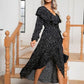 Polka Dot Tie Front Long Sleeve Slit Black Dress
