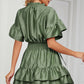 Smocked Tie Neck Flounce Sleeve Dress