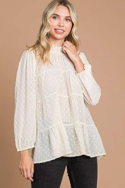 Culture Code Full Size Swiss Dot Smocked Mock Neck Blouse *