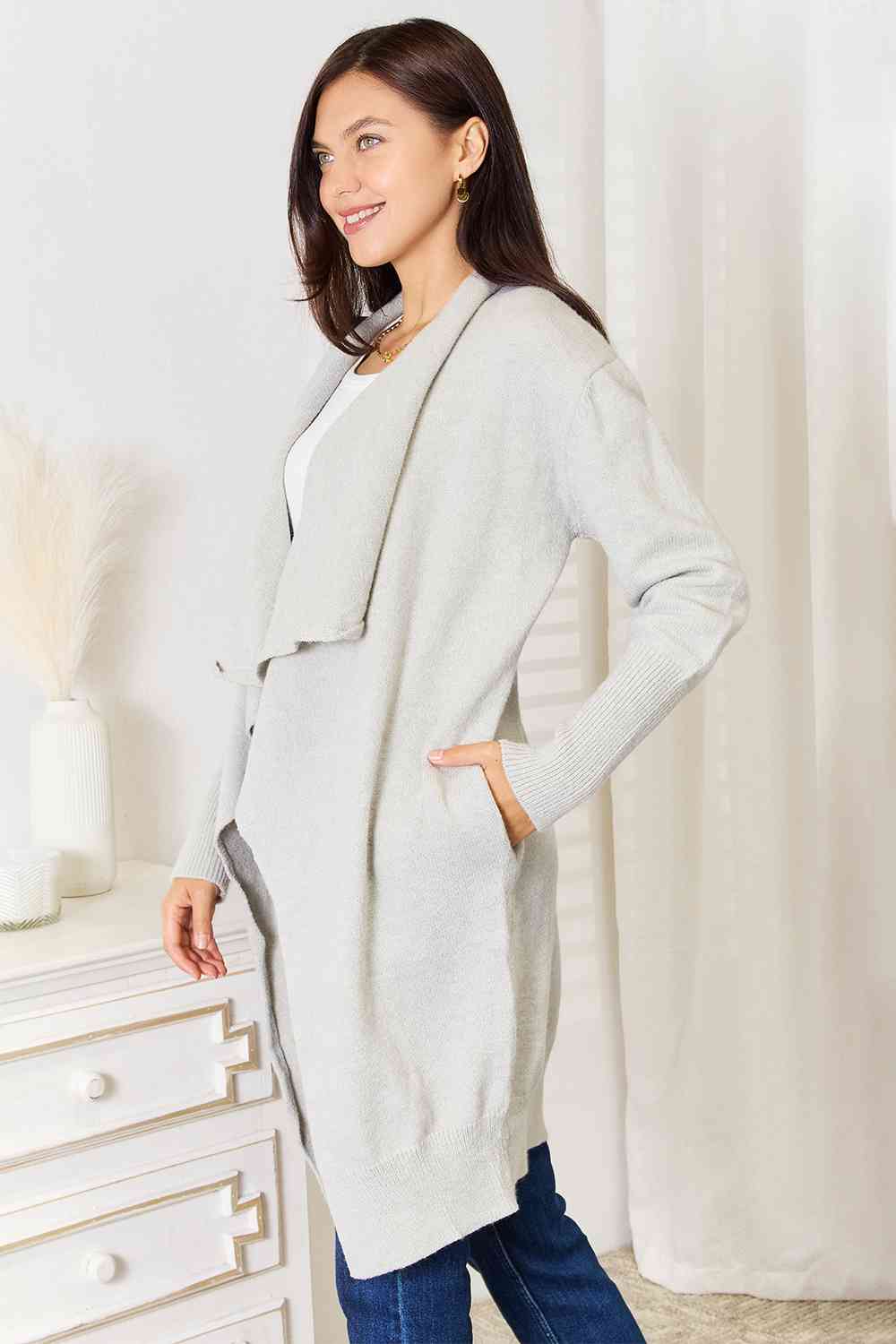 Double Take Open Front Duster Cardigan with Pockets *