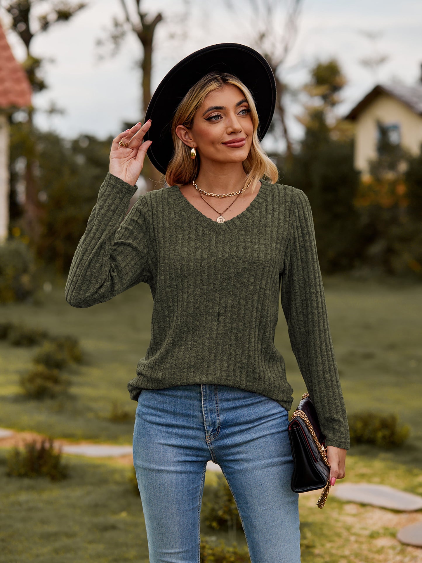 Full Size Ribbed V-Neck Long Sleeve Tee