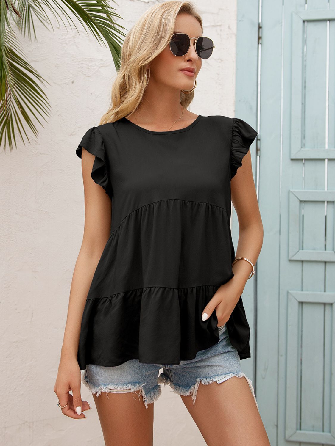 Women's Round Neck Flutter Sleeve Tiered Blouse