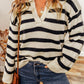 CozyWonders Striped Collared Neck Long Sleeve Black Sweater