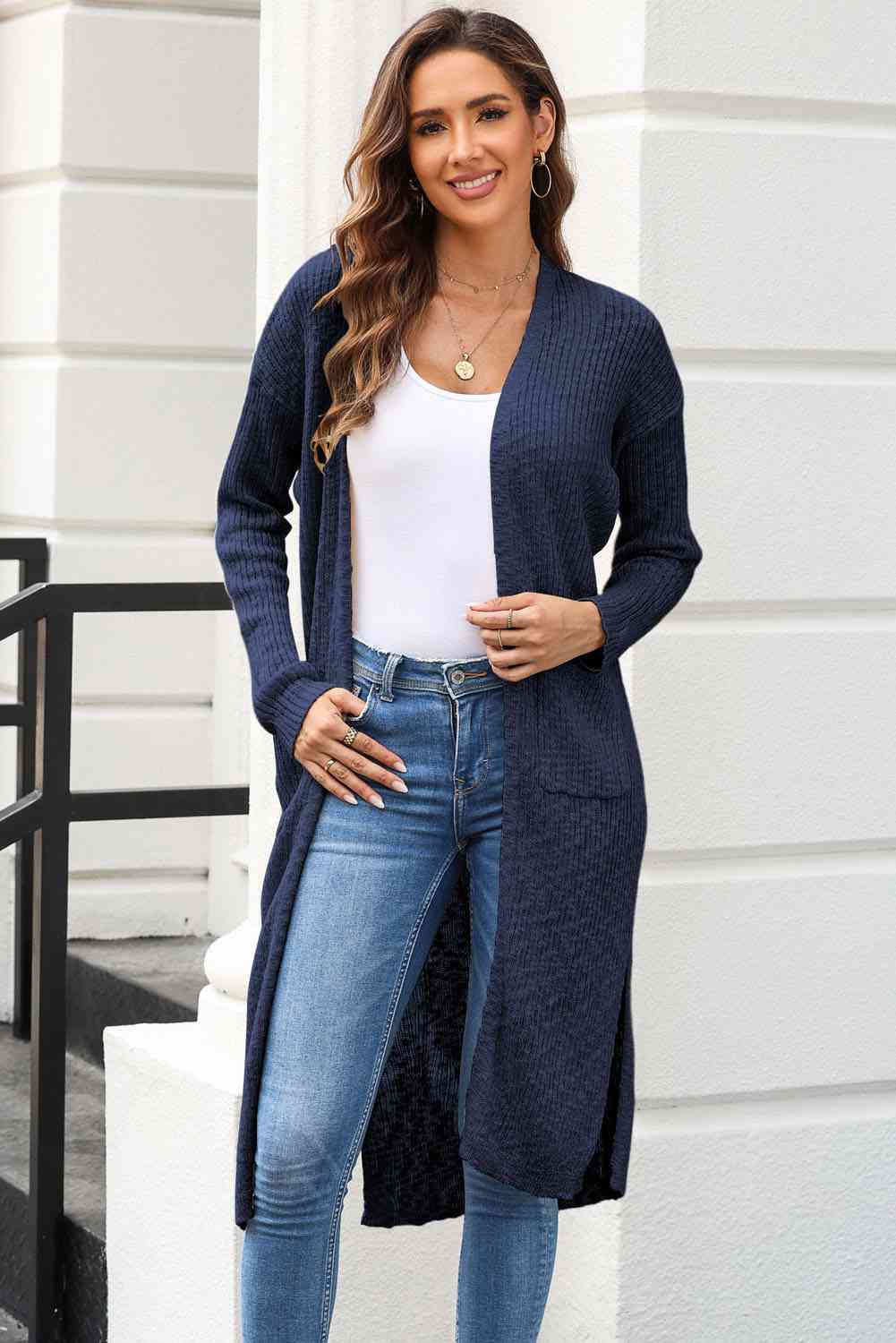 Full Size Open Front Slit Cardigan with Pockets