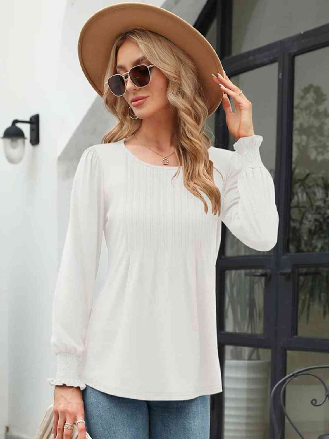 Aurora Lea Smocked Round Neck Lantern Sleeve Blouse
