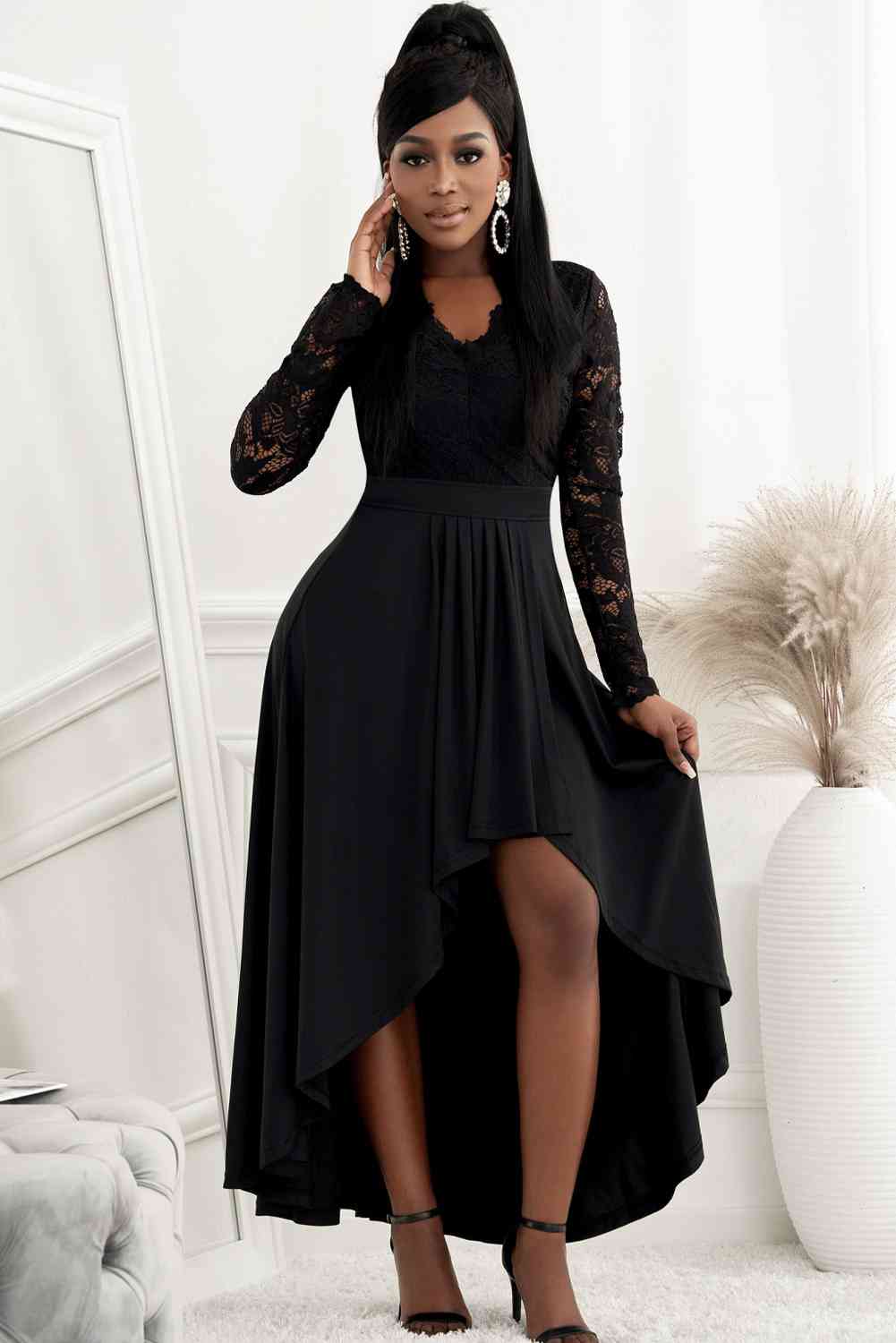 Full Size Lace High-Low V-Neck Dress