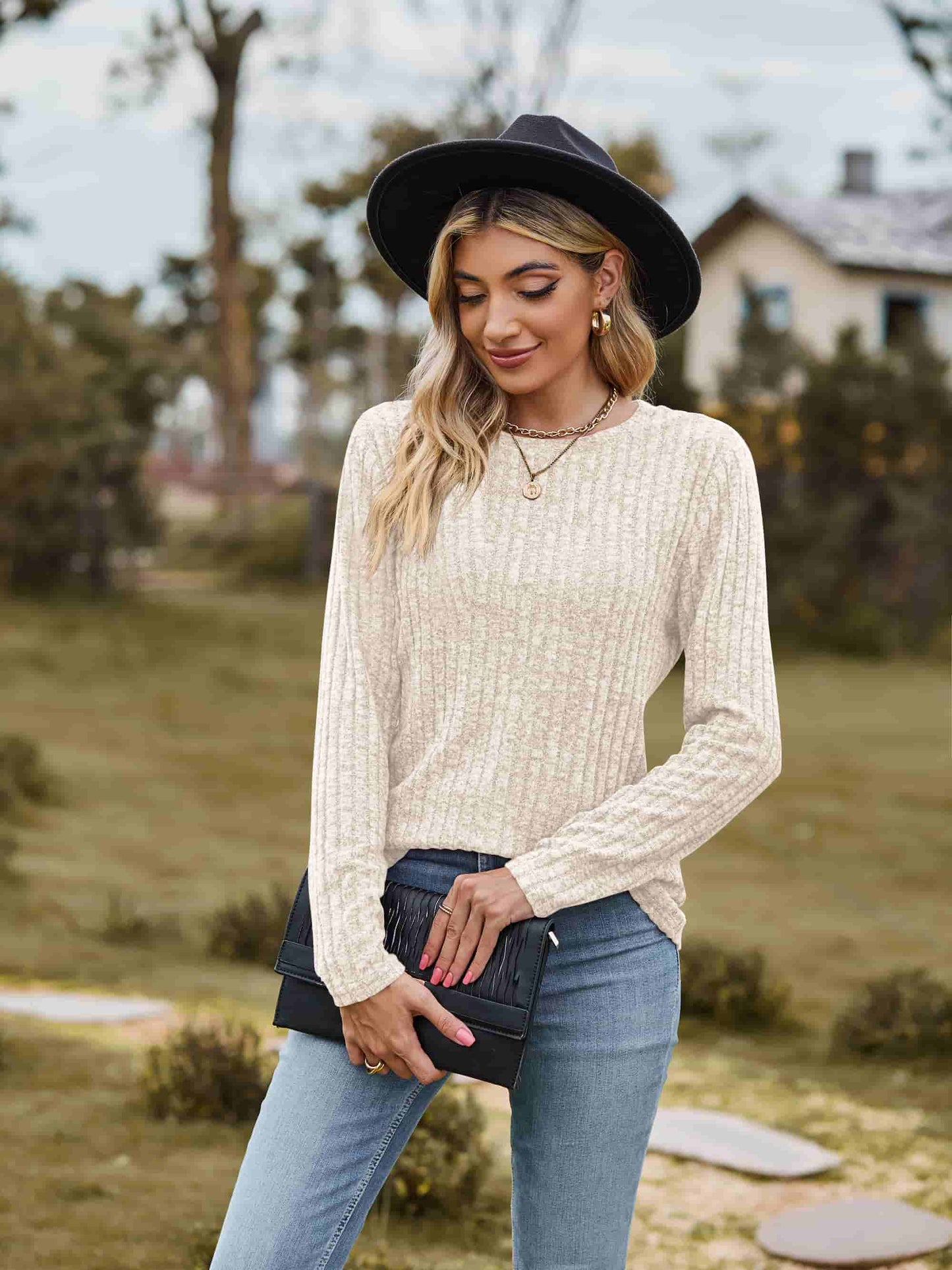 Full Size Ribbed Round Neck Long Sleeve Tee